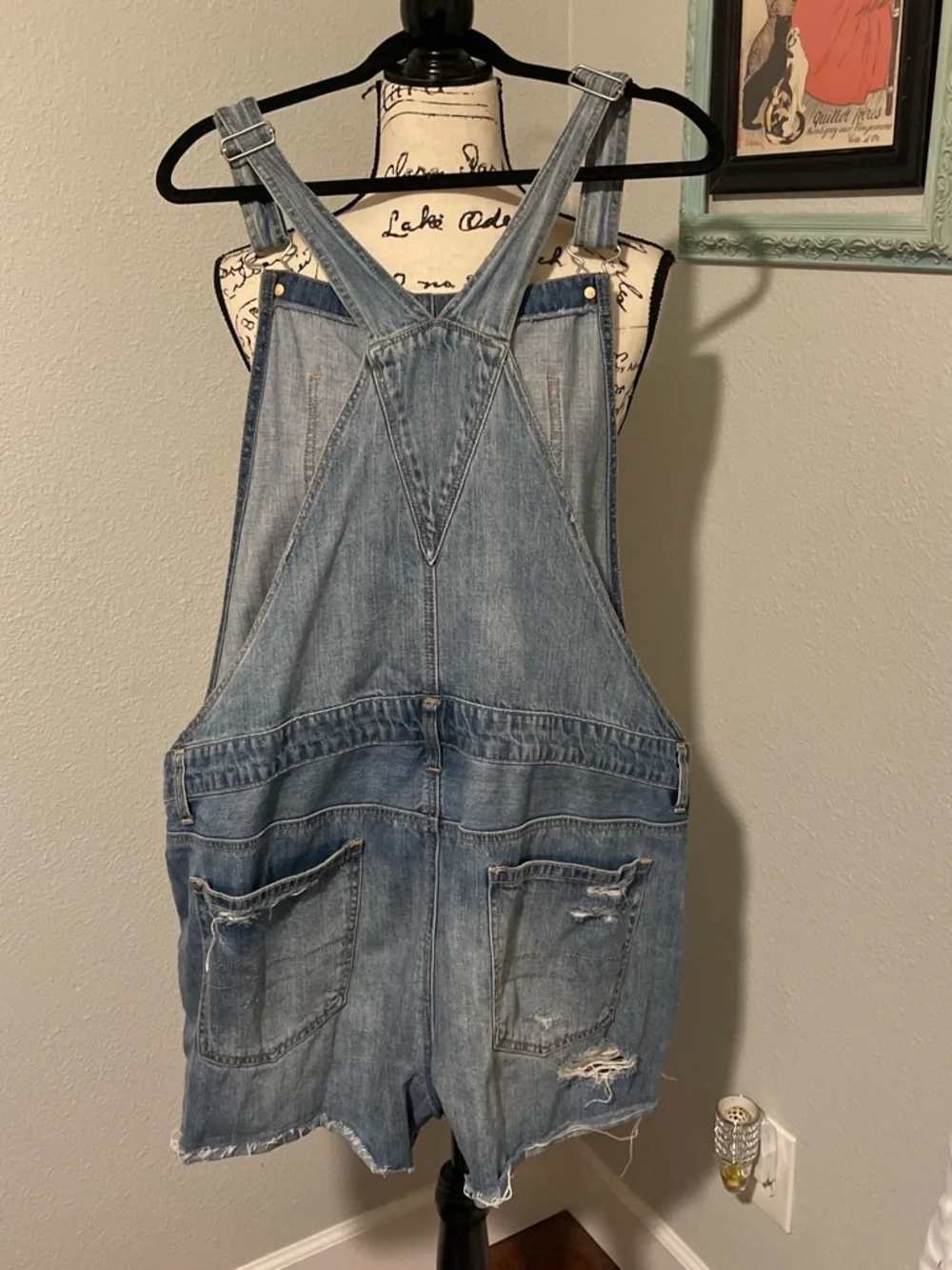 American Eagle Outfitters Light Blue Distressed Denim Short Overalls
